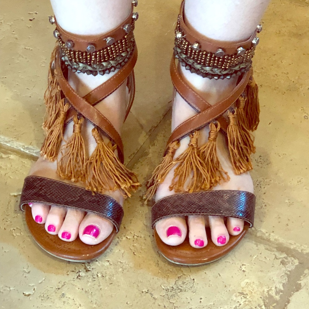 Migato Brown jeweled gladiator sandals